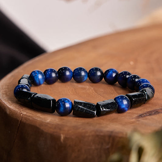 Buddhist Blessing Blue Tiger Eye Black Tourmaline Strength Bracelet