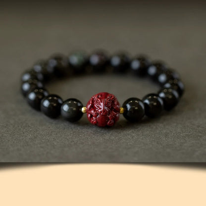 Buddhist Blessing Chinese Zodiac Natural Black Obsidian Cinnabar Purification Bracelet