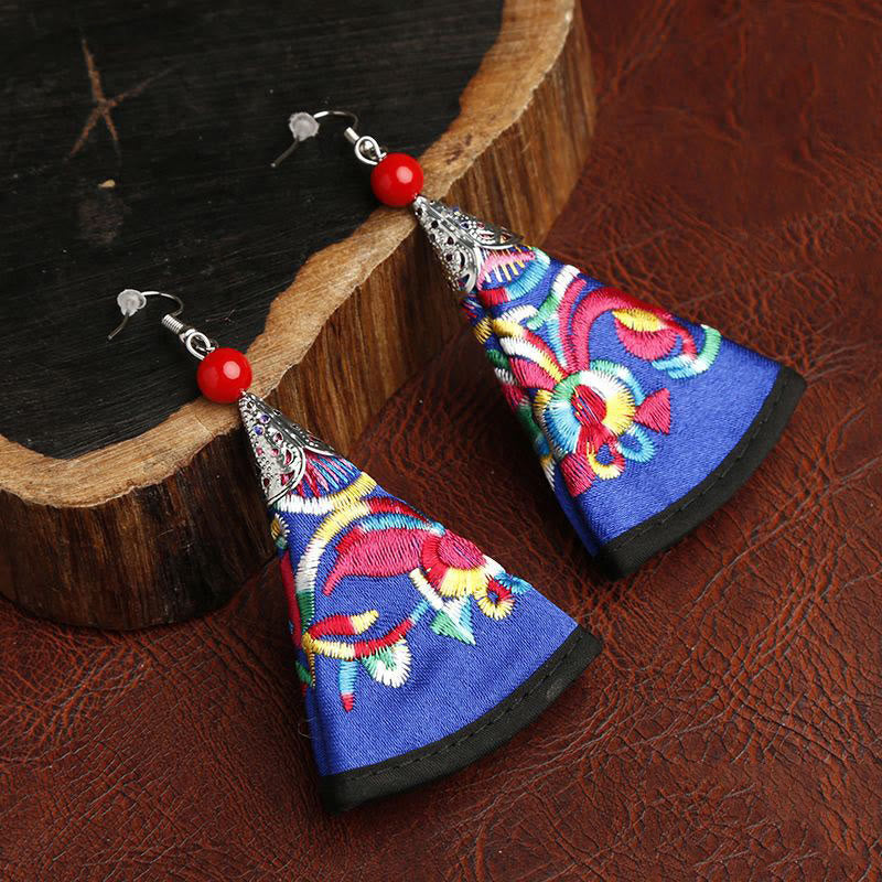 Buddhist Blessing Handmade Fan-shaped Yi Embroidery Harmony Earrings