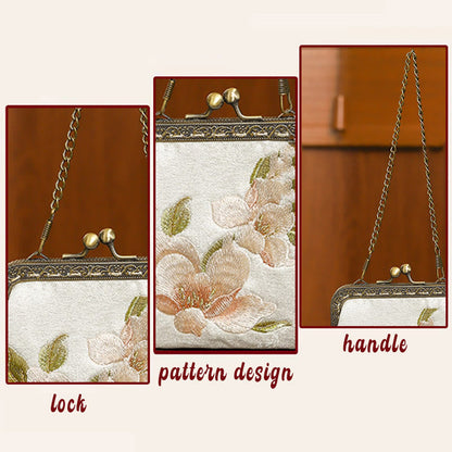 Buddhist Blessing Orchids Oriental Cherry Butterfly Embroidery Metal Handle Handbag