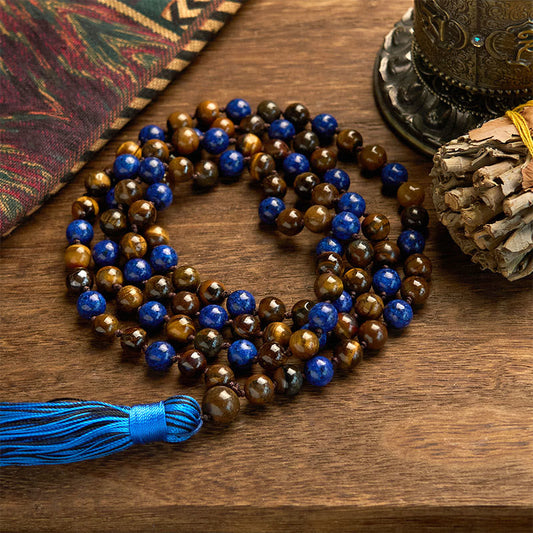 Buddhist Blessing 108 Beads Natural Stone Tiger Eye Lazurite Mala Tassel Protection Bracelet