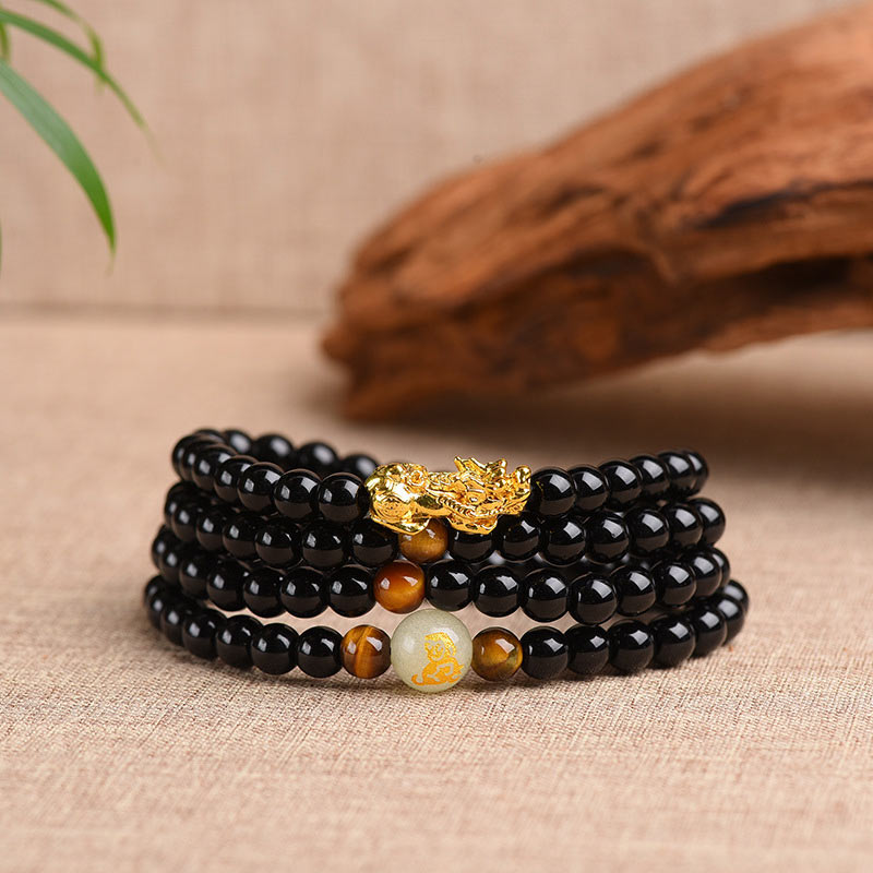 Buddha Stones Chinese Zodiac Obsidian PiXiu Protection Mala Bracelet