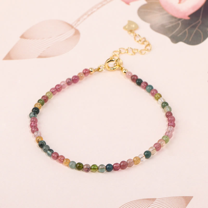 Buddhist Blessing 2mm Multicolor Tourmaline Ultra-thin Beads 14k Gold Plated Copper Wisdom Bracelet