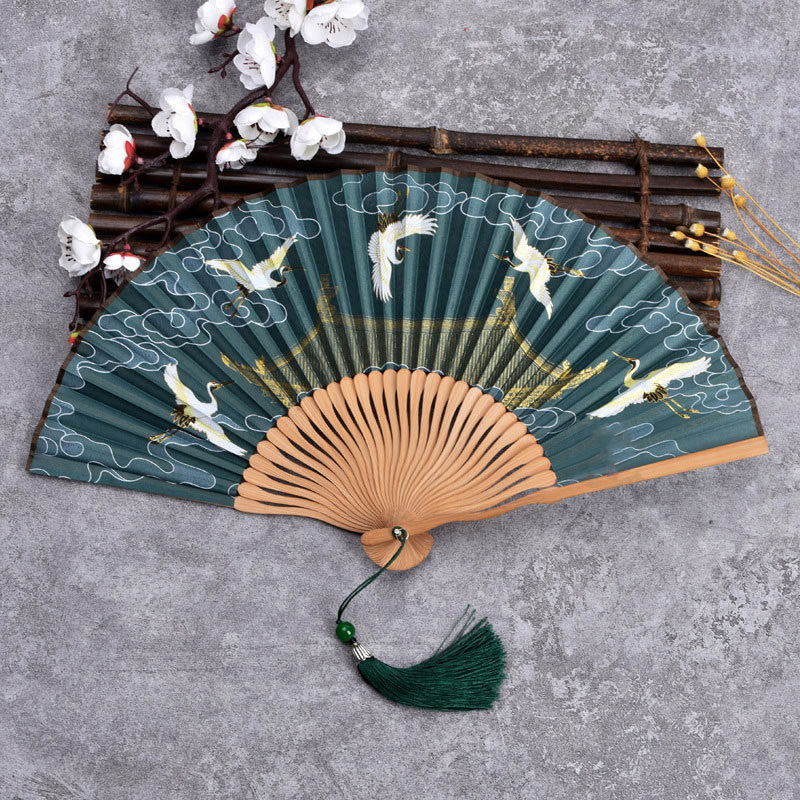 Buddhist Blessing Cranes Auspicious Clouds Solid Color Gradient Handheld Cotton Linen Fabric Bamboo Folding Fan
