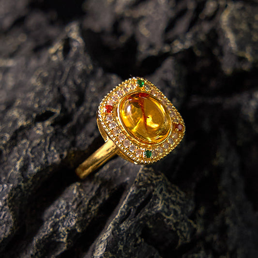 Buddhist Blessing Natural Amber Flower Square Support Full Diamond Confidence Ring