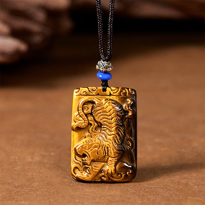 Buddhist Blessing Natural Tiger Eye Square Tiger Pattern Protection Rope Necklace Pendant