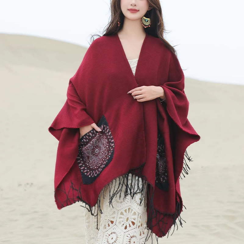 Buddhist Blessing Tibetan Geometric Round Mandala Pattern Tassels Shawl Fall Winter Cozy Scarf Wrap With Pockets