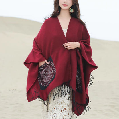 Buddhist Blessing Tibetan Geometric Round Mandala Pattern Tassels Shawl Fall Winter Cozy Scarf Wrap With Pockets