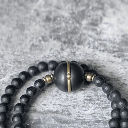 Buddhist Blessing Frosted Cut Surface Black Onyx Ebony Beads Double Wrap Protection Bracelet