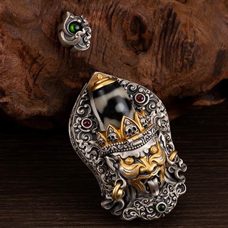 Buddhist Blessing 925 Sterling Silver Tibetan Zakiram Goddess of Wealth Dzi Bead Protection Necklace Pendant