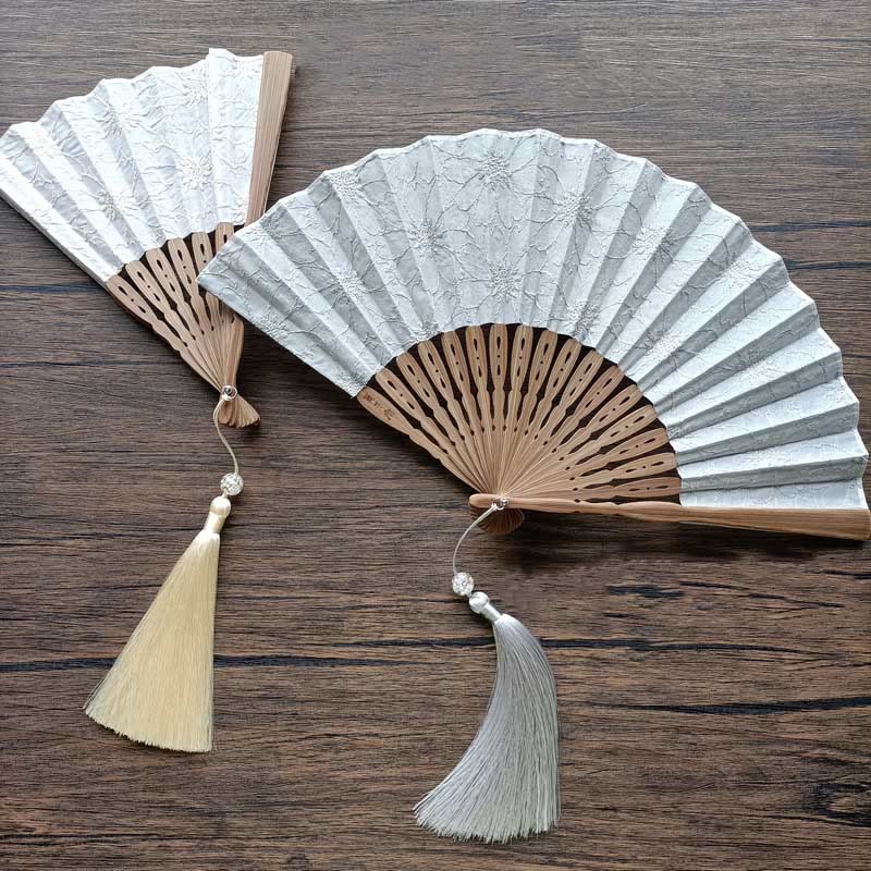 Buddhist Blessing Solid Color Hollow Flowers Embroidery Cotton Fabric Handheld Bamboo Folding Fan