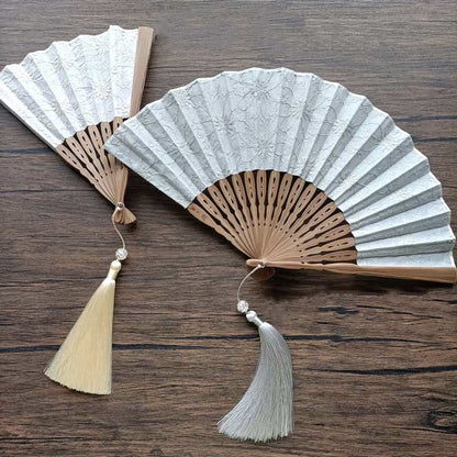 Buddhist Blessing Solid Color Hollow Flowers Embroidery Cotton Fabric Handheld Bamboo Folding Fan