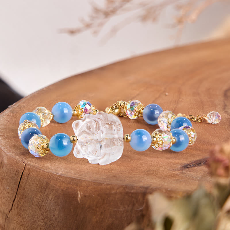 Buddhist Blessing Natural Blue Candy Agate White Crystal Nine Tailed Fox Harmony Bracelet