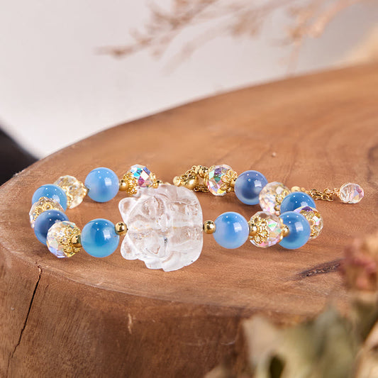 Buddhist Blessing Natural Blue Candy Agate White Crystal Nine Tailed Fox Harmony Bracelet