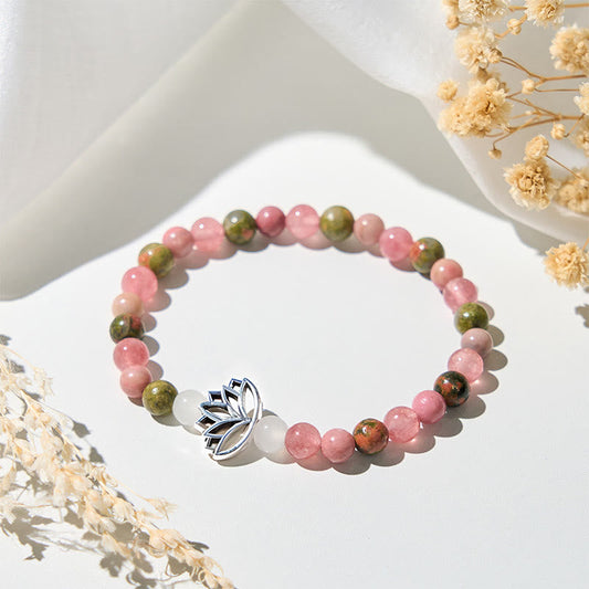 Buddhist Blessing Rhodonite Unakite Beads Lotus Healing Bracelet