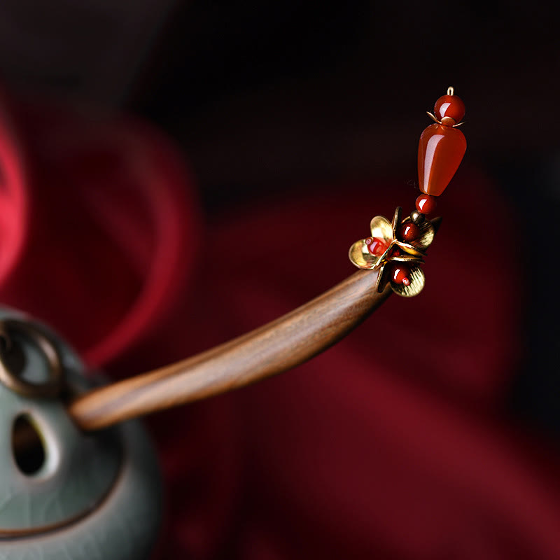 Buddhist Blessing Silver Tassel Green Sandalwood Soothing Hairpin