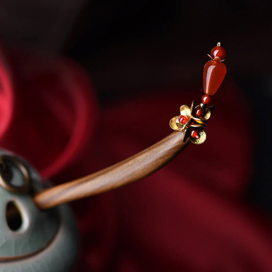 Buddhist Blessing Silver Tassel Green Sandalwood Soothing Hairpin