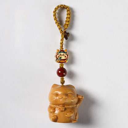 Buddhist Blessing Small Leaf Red Sandalwood Green Sandalwood Sandalwood Lucky Cat Protection Key Chain Phone Hanging Decoration