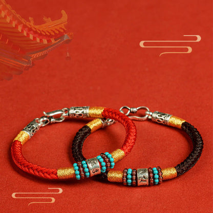 Buddhist Blessing Red String Black String Six True Words 925 Sterling Silver Connection Bracelet