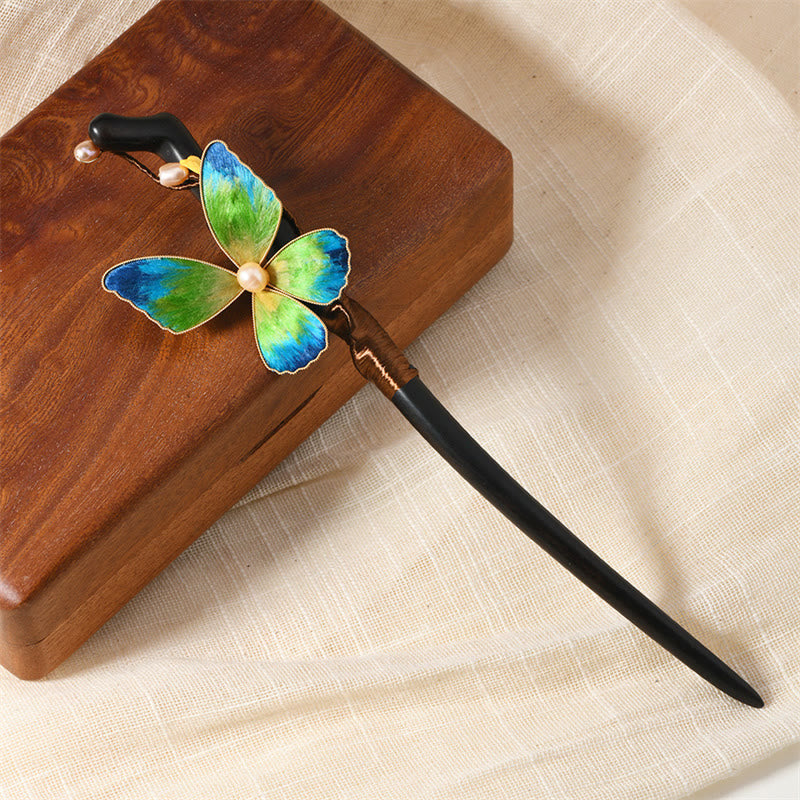 Buddhist Blessing Intangible Cultural Heritage Craft Ebony Wood Silk Flower Butterfly Pearl Blessing Hairpin