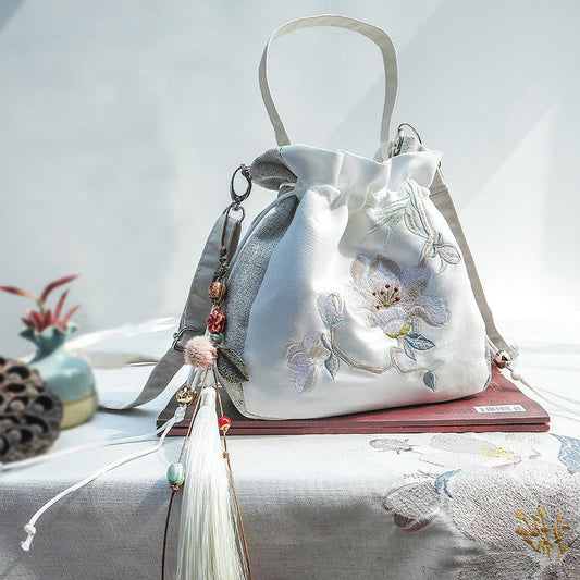 Buddhist Blessing Embroidered Magnolia Plum Blossom Cotton Linen Tote Crossbody Bag Shoulder Bag Handbag