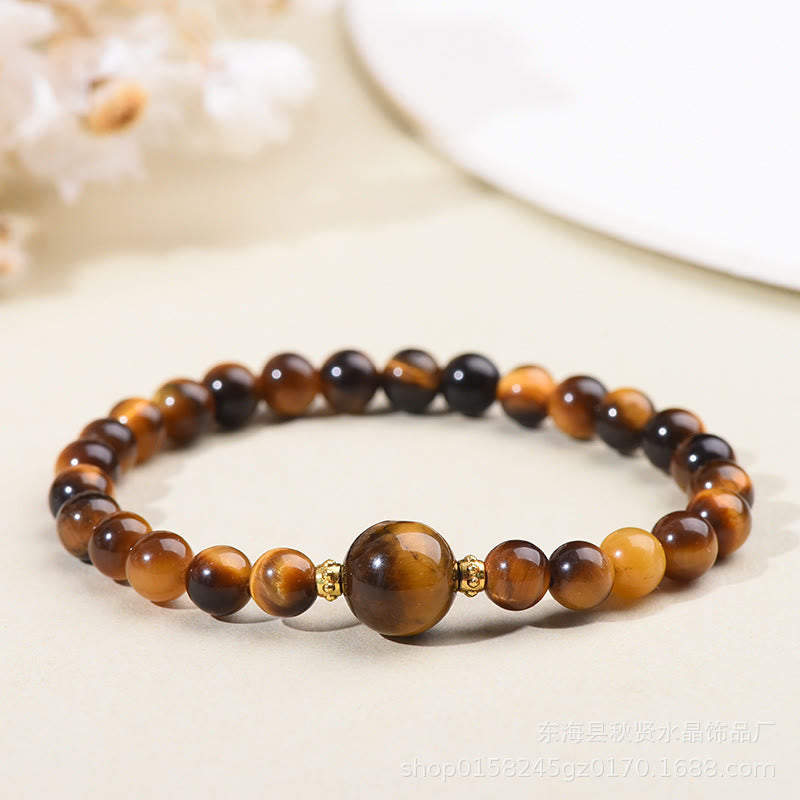 Buddhist Blessing Tiger Eye Black Obsidian Courage Beads Bracelet