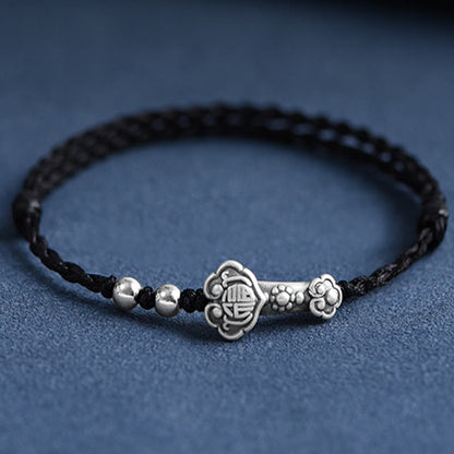 Buddhist Blessing Handmade 999 Sterling Silver Fu Character Wish Ruyi Handle Fortune Rope Bracelet Anklet