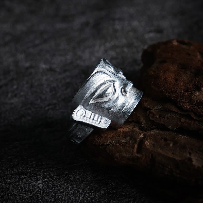 Buddhist Blessing 999 Sterling Silver Hand Casting Sanxingdui Mask Protection Ring