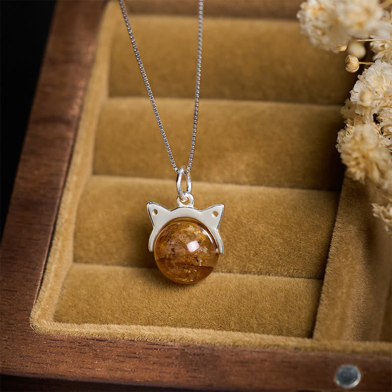Buddhist Blessing 925 Sterling Silver Natural Inclusion Quartz Yellow Flower Quartz Cat Wealth Necklace Pendant