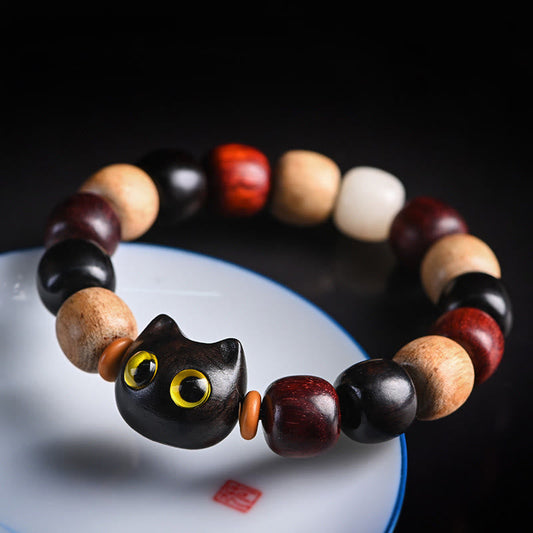 Buddhist Blessing Small Leaf Red Sandalwood Ebony Wood Cute Cat Engraved Protection Bracelet