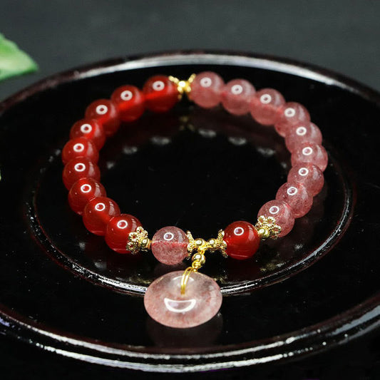 Buddhist Blessing Strawberry Quartz Red Agate Peace Buckle Positive Luck Bracelet