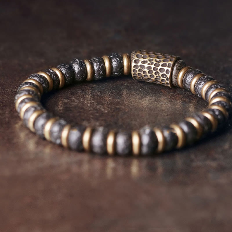 Buddhist Blessing Vintage Lava Rock Beads Calm Copper Bracelet