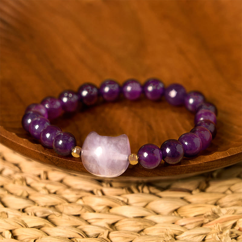 Buddhist Blessing Amethyst Green Aventurine Rose Quartz Fluorite Cat Head Balance Luck Bracelet