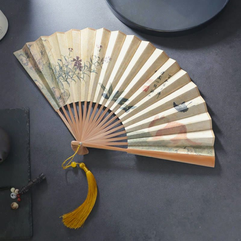 Buddhist Blessing Butterfly Cat Flower Handheld Cotton Linen Fabric Bamboo Folding Fan