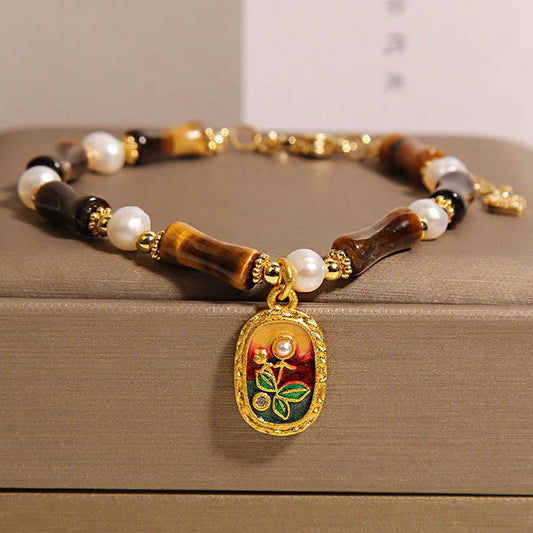 Buddhist Blessing Natural Bamboo Tiger Eye Pearl Strength Bracelet