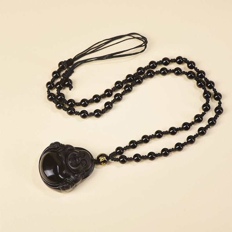 Buddhist Blessing Natural Black Obsidian Ice Obsidian Laughing Buddha Purification Necklace Pendant