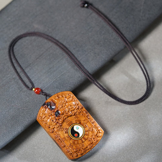 Buddhist Blessing Lightning Struck Jujube Wood Dragon Yin Yang Bagua Protection Necklace Pendant