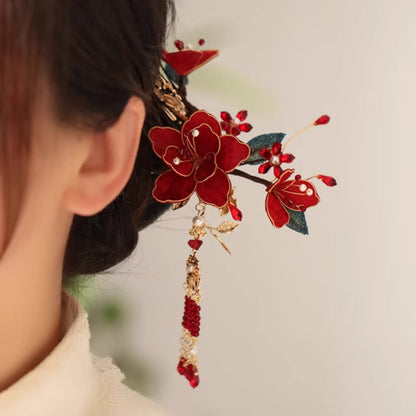 Buddhist Blessing Classical Chinese Style Red Flower Butterfly Tassel Hair Comb Hairpin
