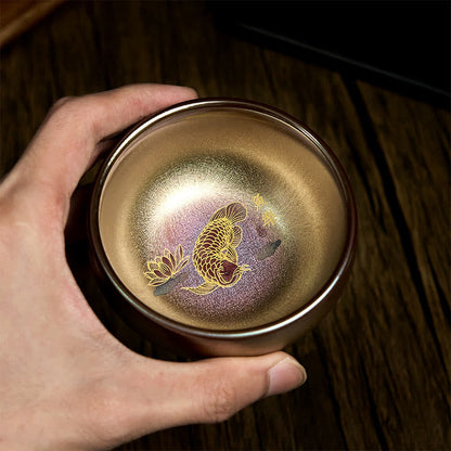 Buddhist Blessing Handmade Chinese Jianzhan Koi Fish Lotus Leaf Ceramic Teacup Kung Fu Tea Cup 150ml