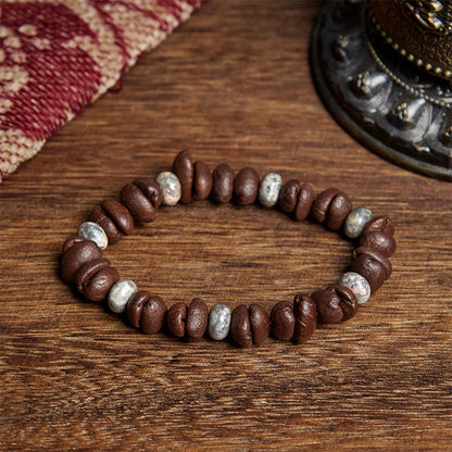 Buddhist Blessing Natural Coffee Beans Tiger Eye Grey Jasper Lava Rock Beads Bracelet