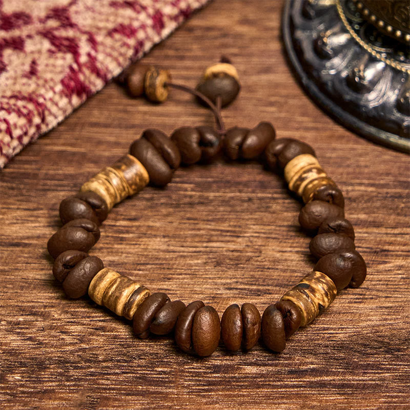 Buddhist Blessing Handmade Natural Coffee Beans Coconut Shell Happiness Bracelet