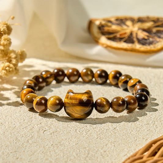 Buddhist Blessing Cute Cat Tiger Eye Power Beads Bracelet