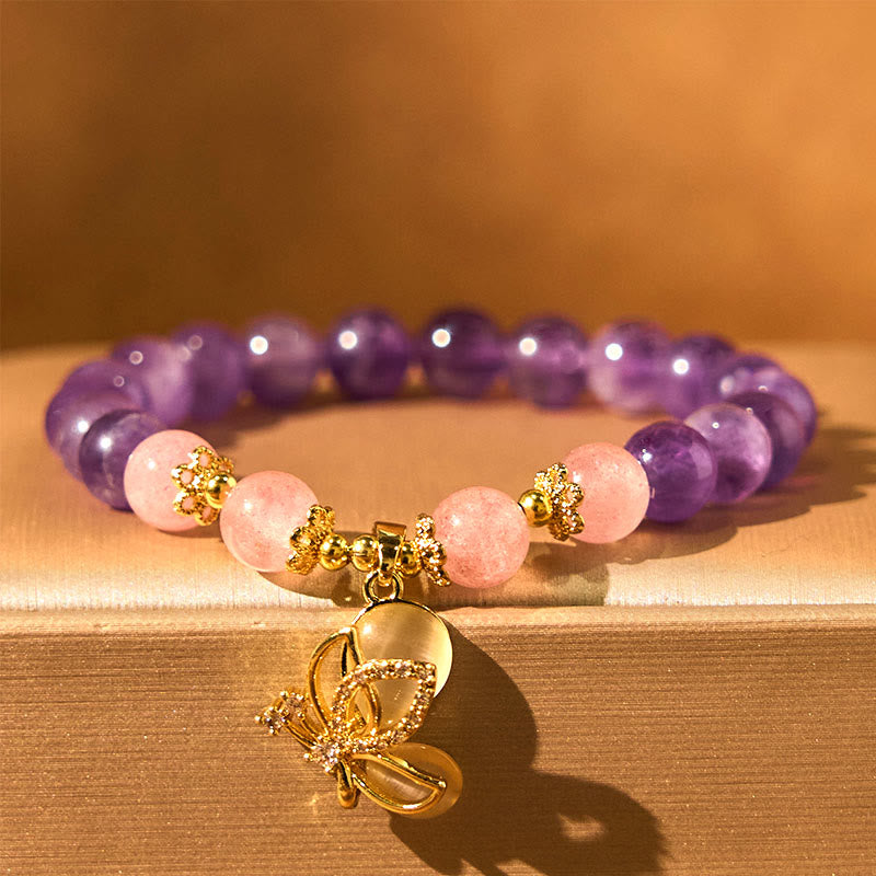 Buddhist Blessing Natural Amethyst Strawberry Quartz Crystal Healing Butterfly Charm Bracelet