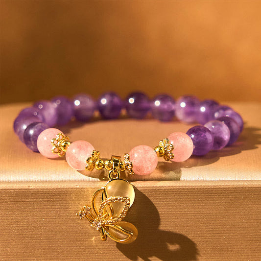 Buddhist Blessing Natural Amethyst Strawberry Quartz Crystal Healing Butterfly Charm Bracelet