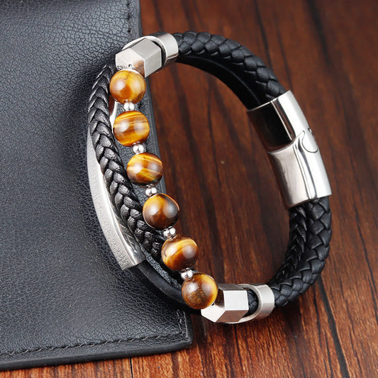 Buddhist Blessing Tiger Eye Bead Multi-layered Grounding Leather Buckle Bracelet