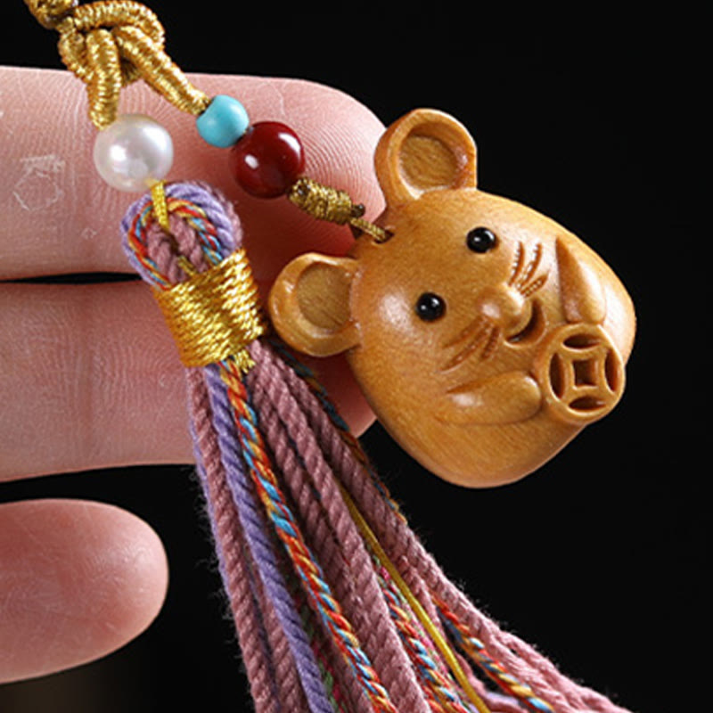 Buddhist Blessing Sandalwood 12 Chinese Zodiac Blessing Colorful Tassel Accessories Keychain