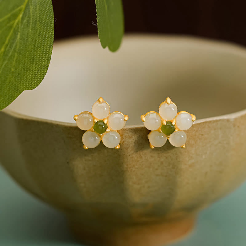 Buddhist Blessing 925 Sterling Silver Hetian Jade Luck Flower Stud Earrings