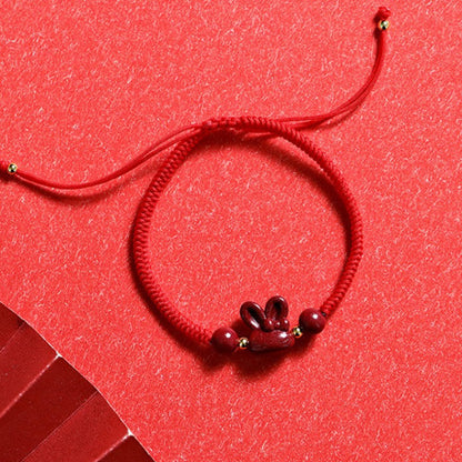 Buddhist Blessing Handmade Cinnabar Chinese Zodiac Rabbit Luck Red Rope Bracelet