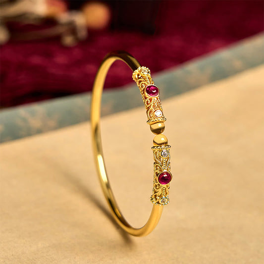 Buddhist Blessing Golden Flower Pattern Red Zircon Amber Copper Luck Cuff Bracelet Bangle
