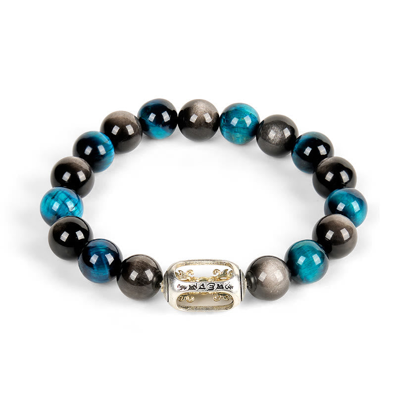 Buddhist Blessing Natural Silver Sheen Obsidian Blue Tiger Eye Om Mani Padme Hum Soothing Bracelet